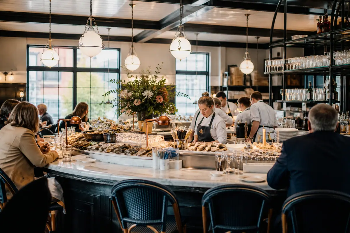 Photoreal travel-editorial view of Midtown Oyster Bar in Newport, Rhode Island