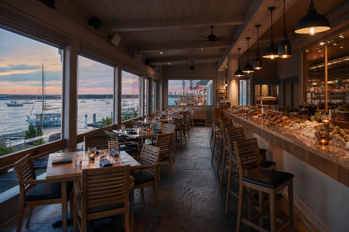 Photoreal travel-editorial view of The Mooring Seafood Kitchen & Bar in Newport, Rhode Island