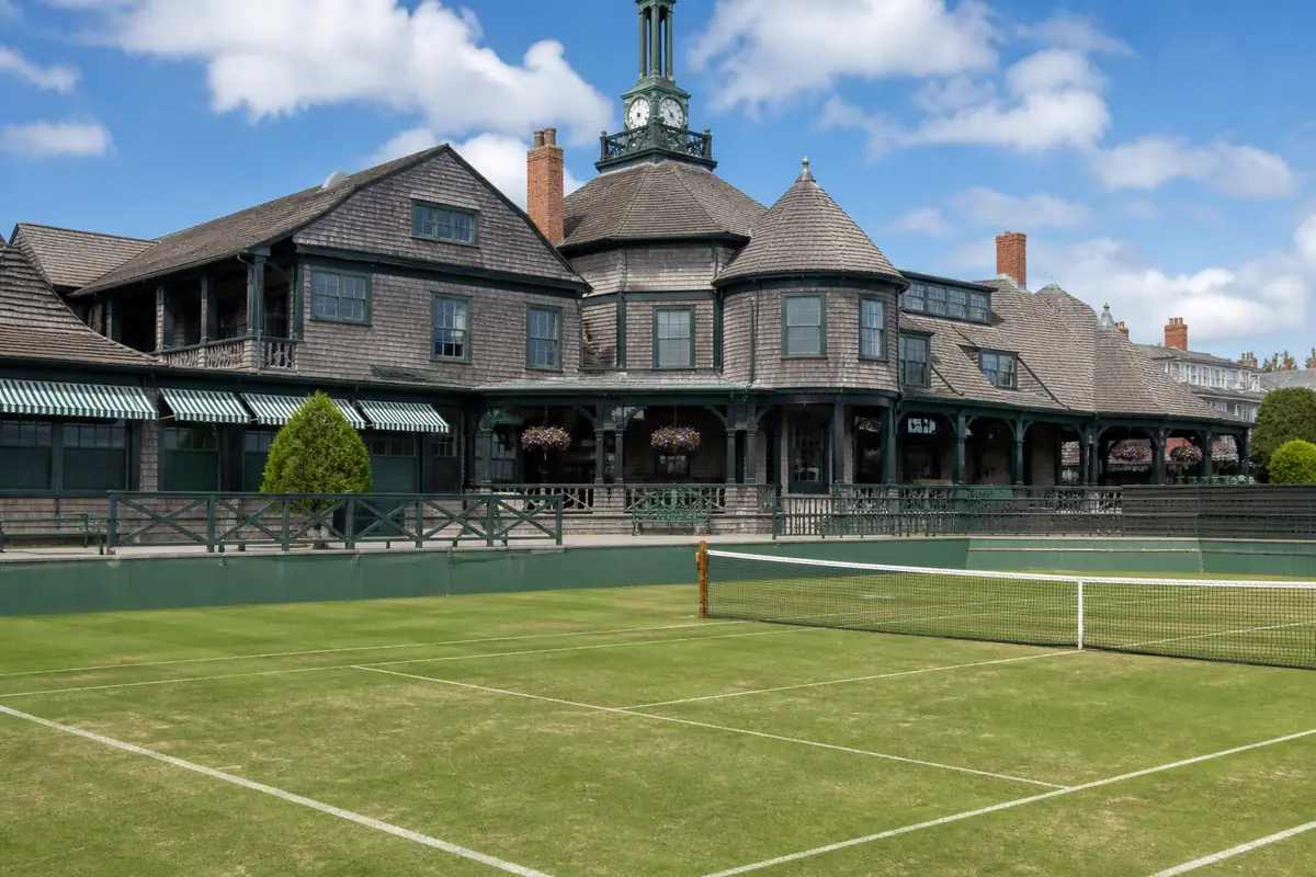 Photoreal travel-editorial view of International Tennis Hall of Fame in Newport, Rhode Island