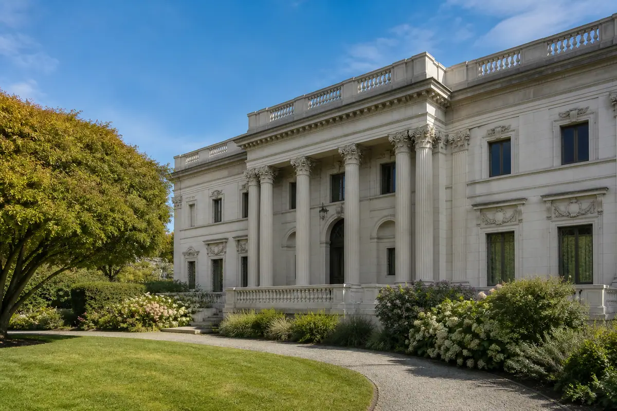 Photoreal travel-editorial view of Newport Art Museum in Newport, Rhode Island