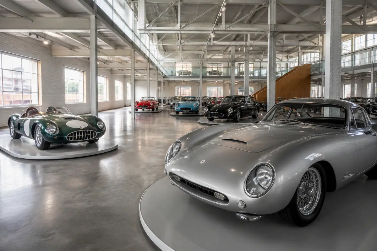 Photoreal travel-editorial view of Newport Car Museum in Newport, Rhode Island