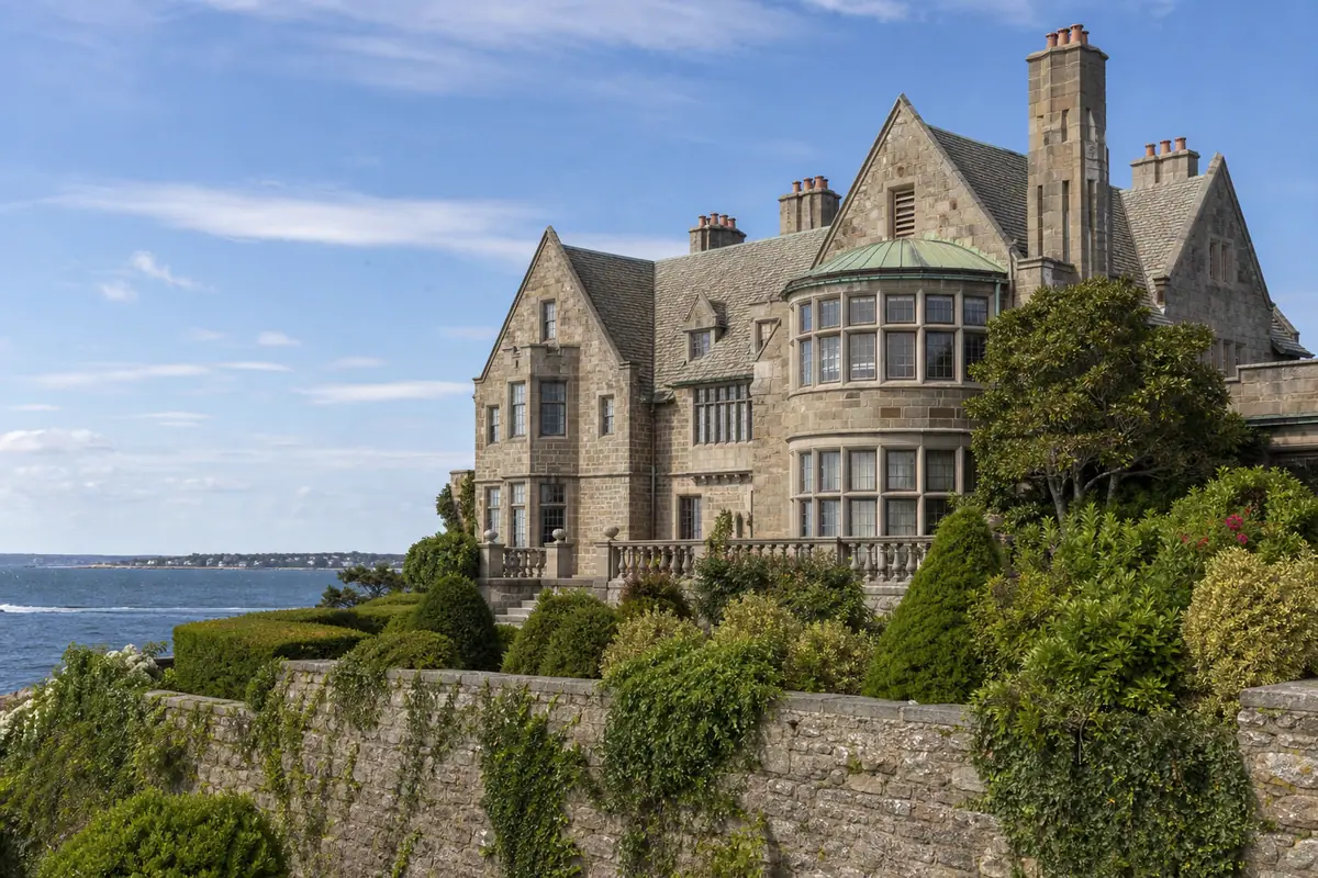 Photoreal travel-editorial view of Rough Point Museum in Newport, Rhode Island
