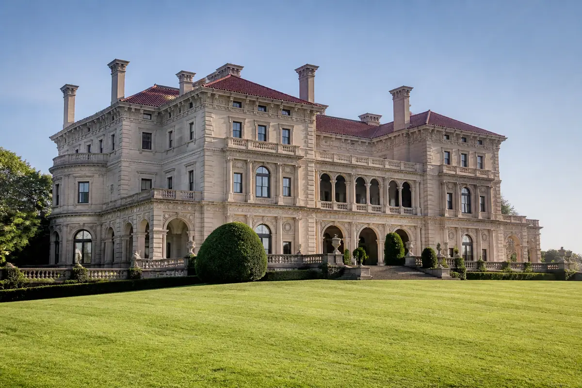 Photoreal travel-editorial view of The Breakers in Newport, Rhode Island