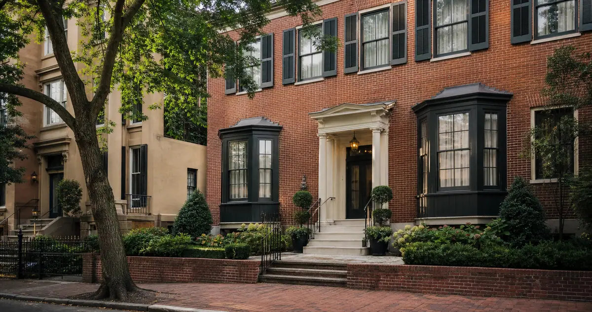 Photoreal boutique inn exterior representing Four Eleven York in Norfolk