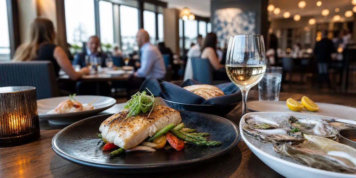 Photoreal refined seafood dinner scene representing 456 Fish in Norfolk