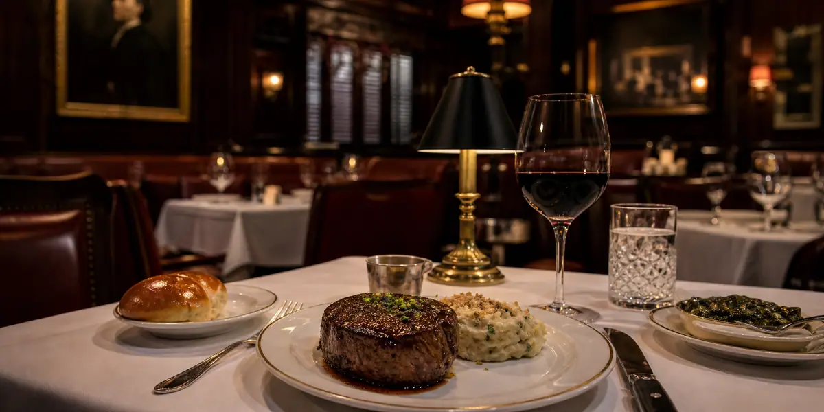 Photoreal upscale steakhouse scene representing Byrd & Baldwin Bros. Steakhouse in Norfolk