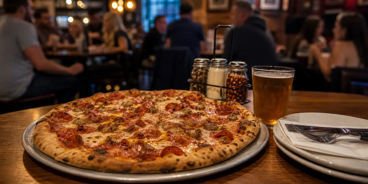 Photoreal casual pizza tavern scene representing Cogan's Pizza in Norfolk