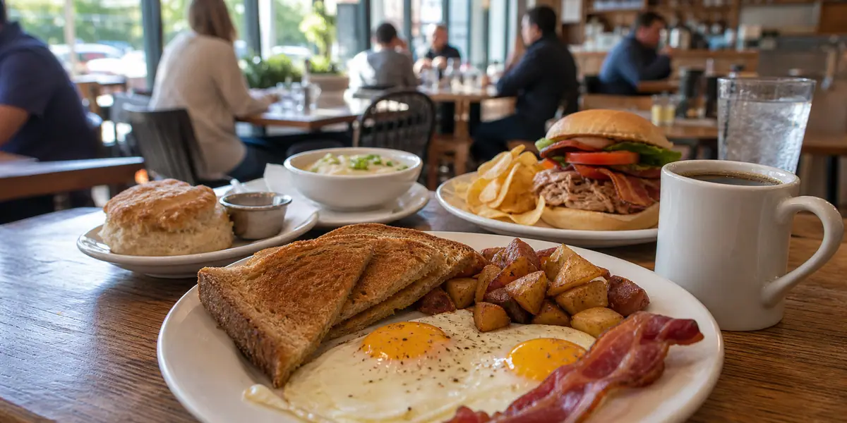 Photoreal casual all-day diner scene representing No Frill Bar and Grill in Norfolk