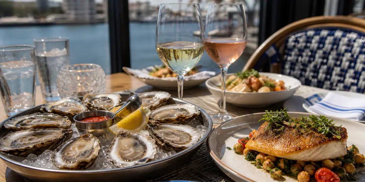 Photoreal coastal seafood scene representing Saltine in Norfolk
