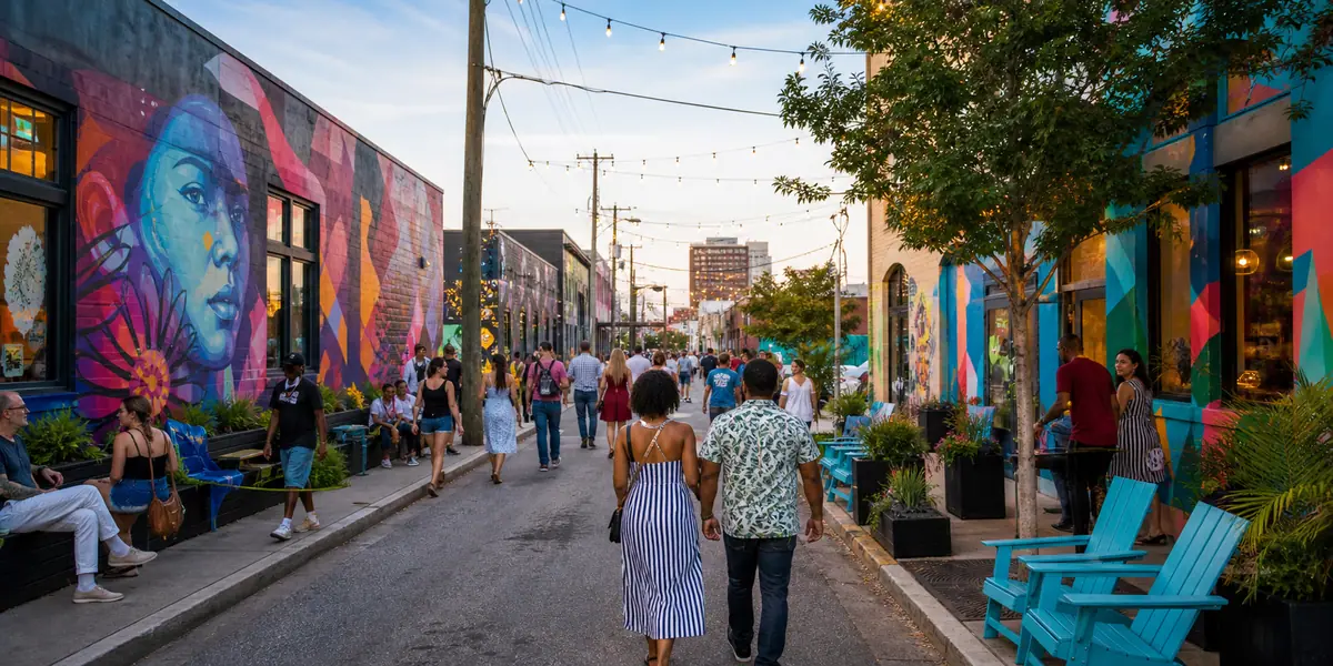 Photoreal mural-filled street scene representing NEON Arts District in Norfolk