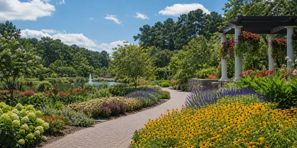 Photoreal flower-lined garden path at Norfolk Botanical Garden in Norfolk, Virginia