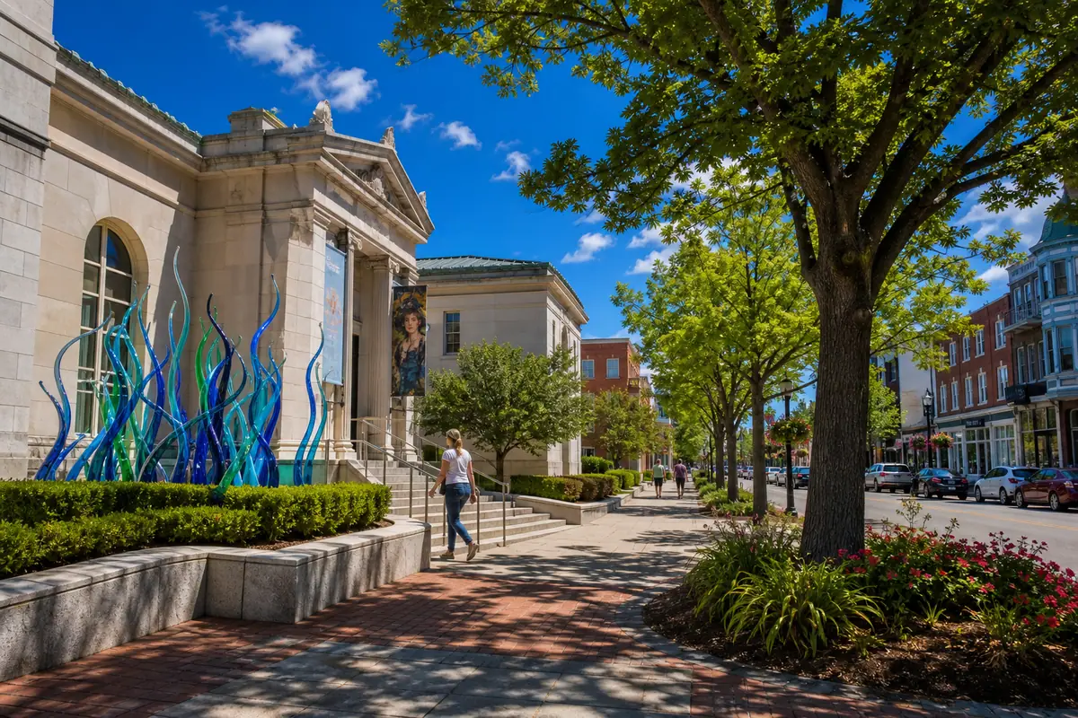 Photoreal Chrysler Museum of Art and Ghent neighborhood streetscape in Norfolk daylight