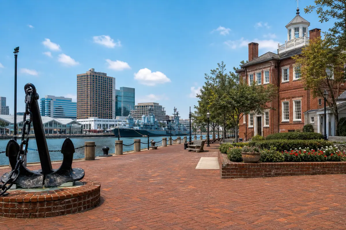 Photoreal Norfolk brick waterfront promenade with harbor views and battleship presence in bright daylight