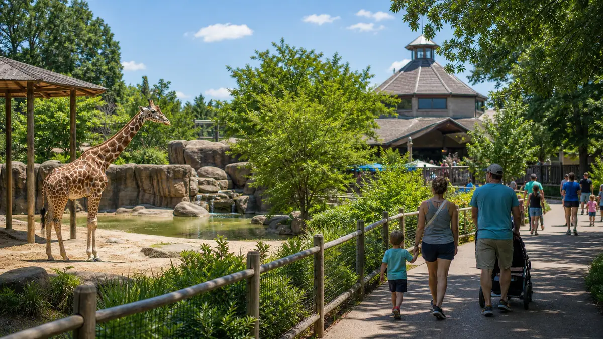 Photoreal Virginia Zoo pathway with naturalistic habitat and family-friendly atmosphere in Norfolk daylight