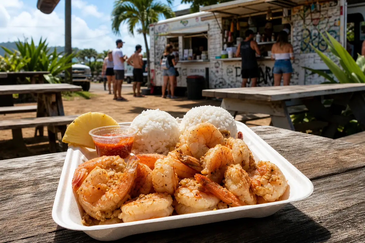 Photoreal Giovanni's Shrimp Truck garlic shrimp plate on Oahu