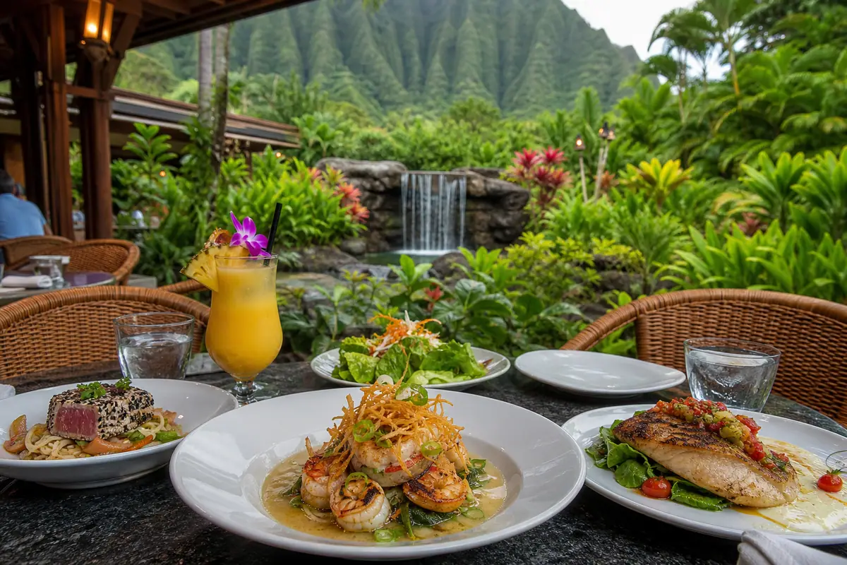 Photoreal Haleiwa Joe's tropical dining scene on Oahu