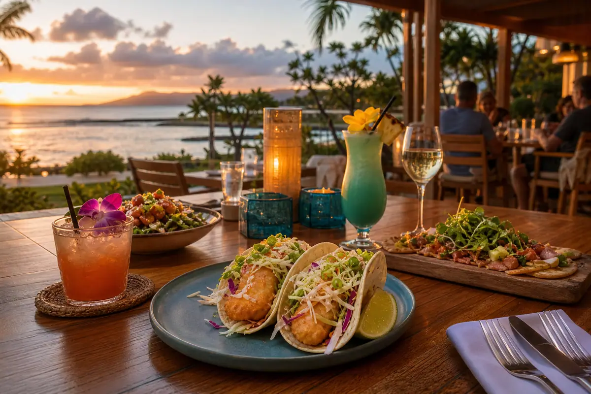 Photoreal Monkeypod Kitchen by Merriman Ko Olina dining scene on Oahu