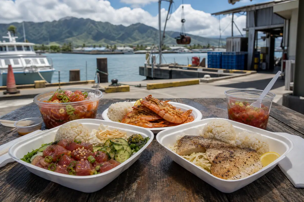 Photoreal Nico's Pier 38 seafood meal on Oahu