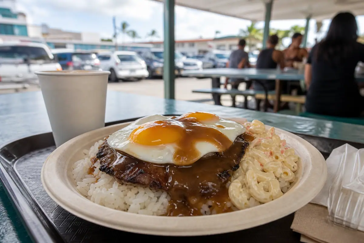Photoreal Rainbow Drive-In plate lunch on Oahu