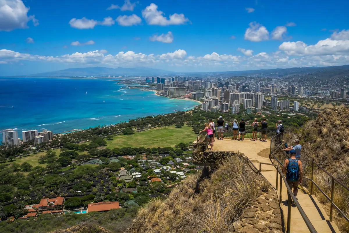 Photoreal Diamond Head State Monument trail and coastline on Oahu