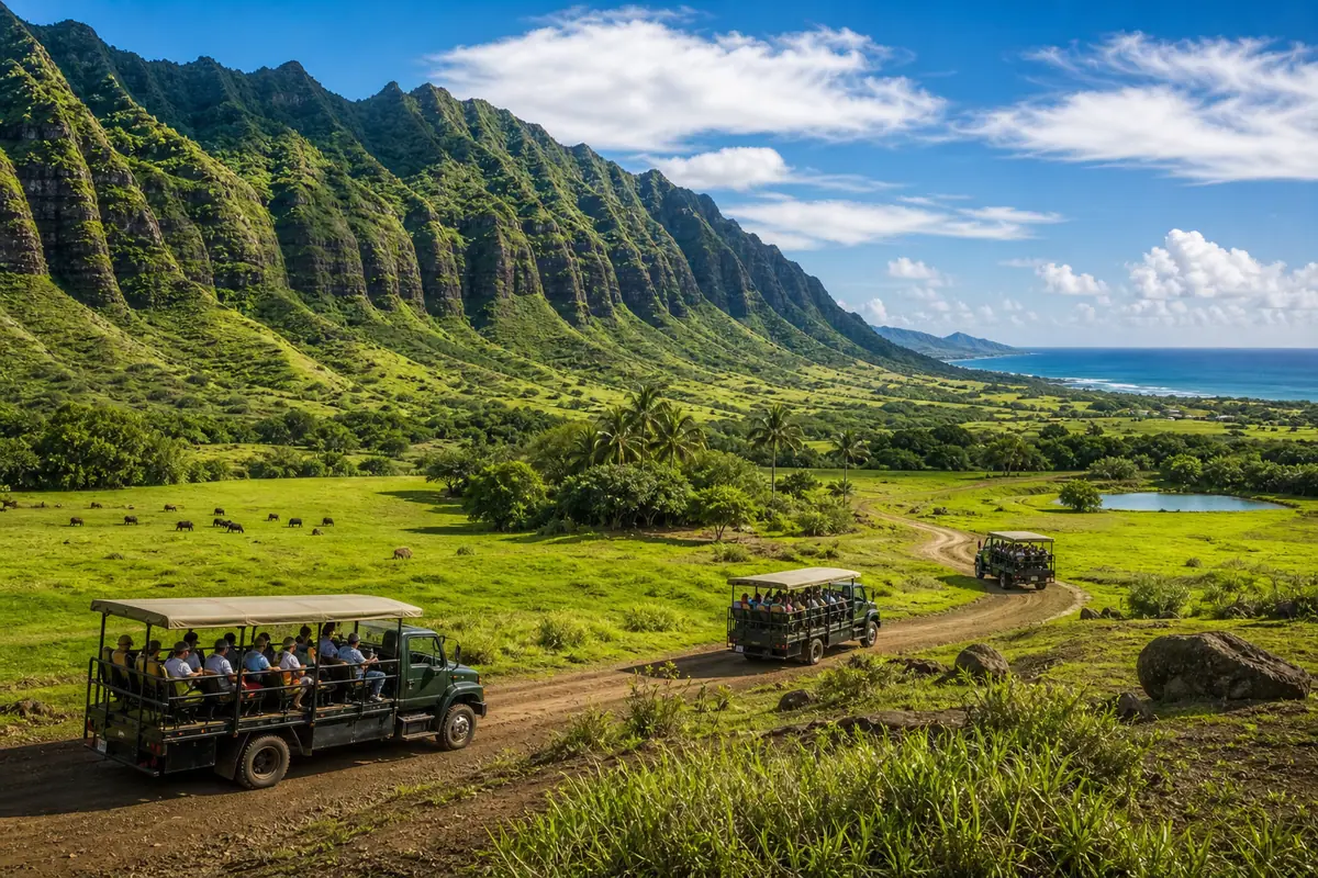 Photoreal Kualoa Ranch valley and ridgelines on Oahu in bright tropical daylight