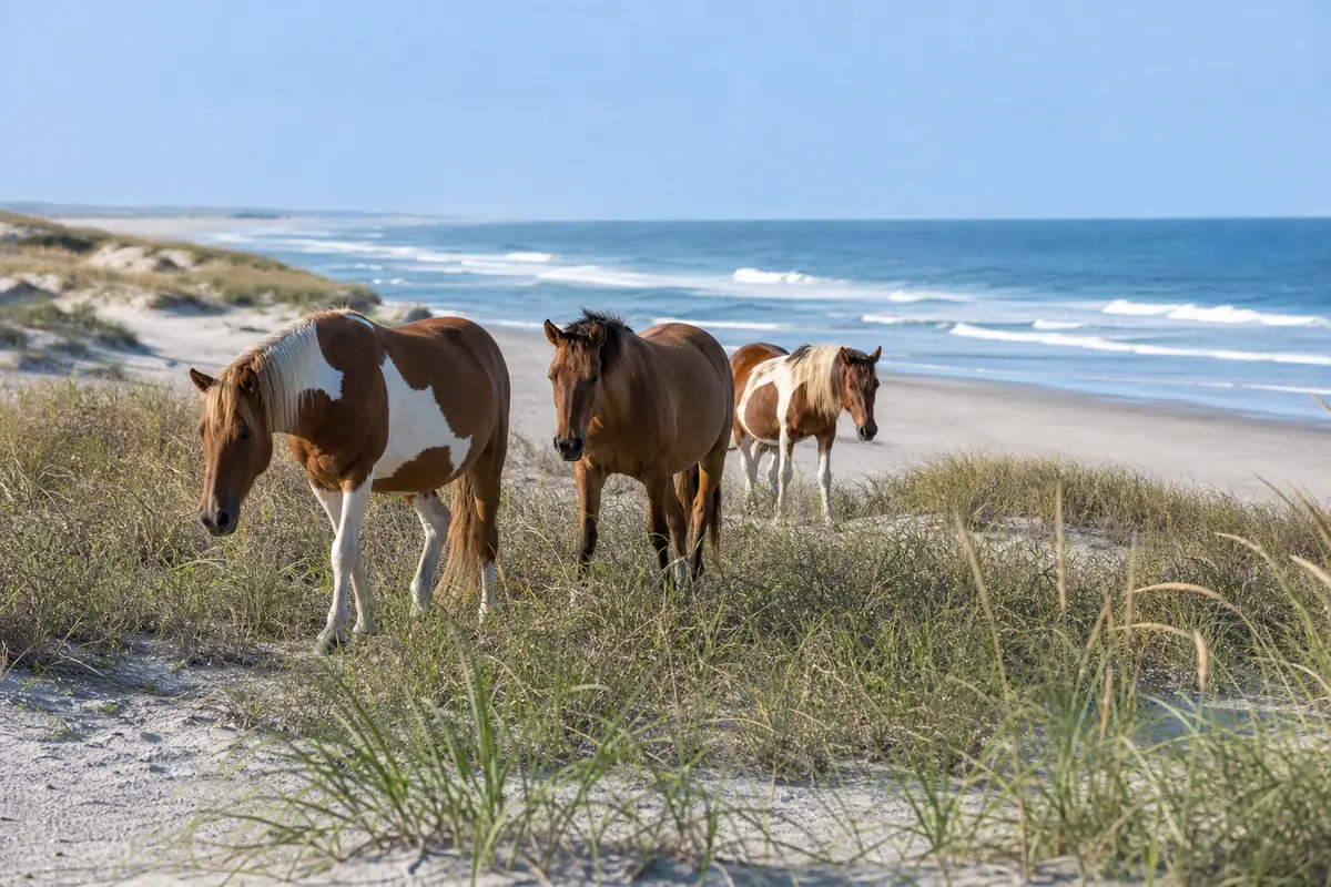 Photoreal Assateague Island beach dunes with wild horses near Ocean City
