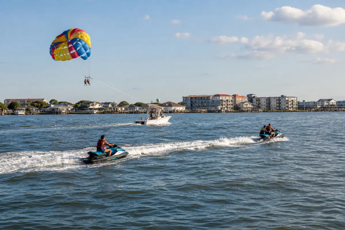 Photoreal Ocean City bay watersports scene with jet skis and parasail boat