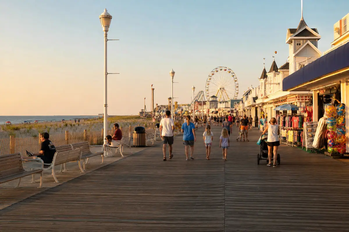 Photoreal Ocean City Boardwalk with beach, shops, and amusement rides at golden hour