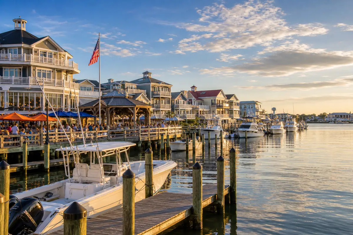 Photoreal Ocean City marina-and-bay excursion scene in golden light