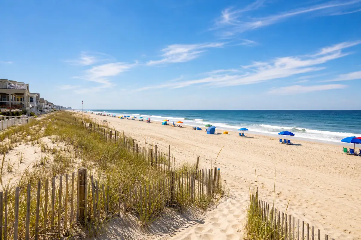 Photoreal Ocean City oceanfront beach with dunes and Atlantic shoreline in summer daylight