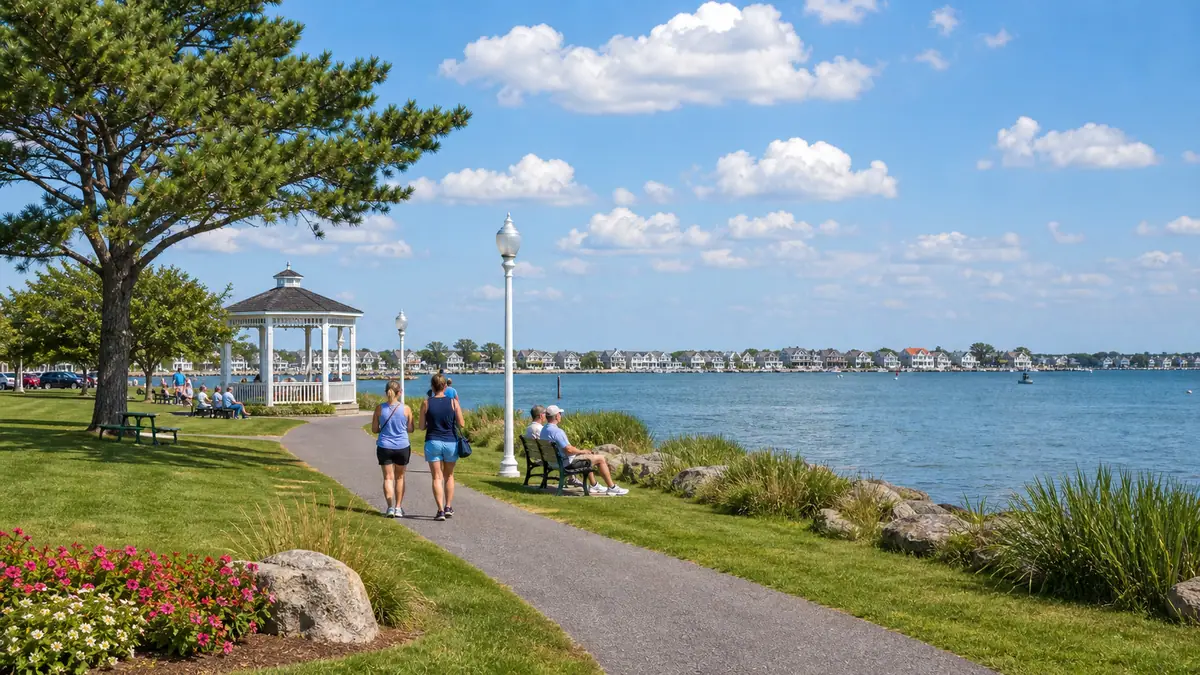 Photoreal Northside Park bayside path and waterfront lawn in Ocean City under bright daylight