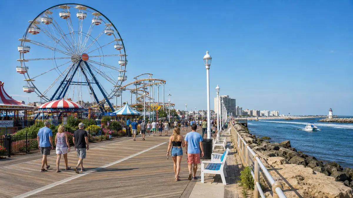 Photoreal Ocean City inlet boardwalk with classic rides and Atlantic waterfront in bright summer daylight