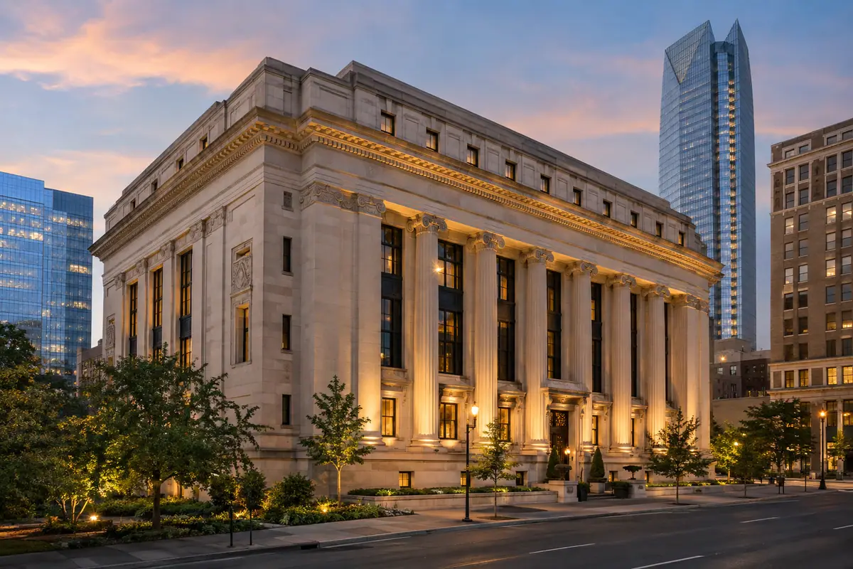 Photoreal travel-editorial view of The National, Autograph Collection in Oklahoma City, Oklahoma