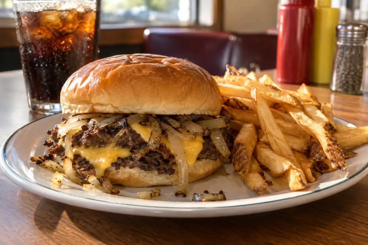 Photoreal travel-editorial view of Tucker's Onion Burgers in Oklahoma City, Oklahoma
