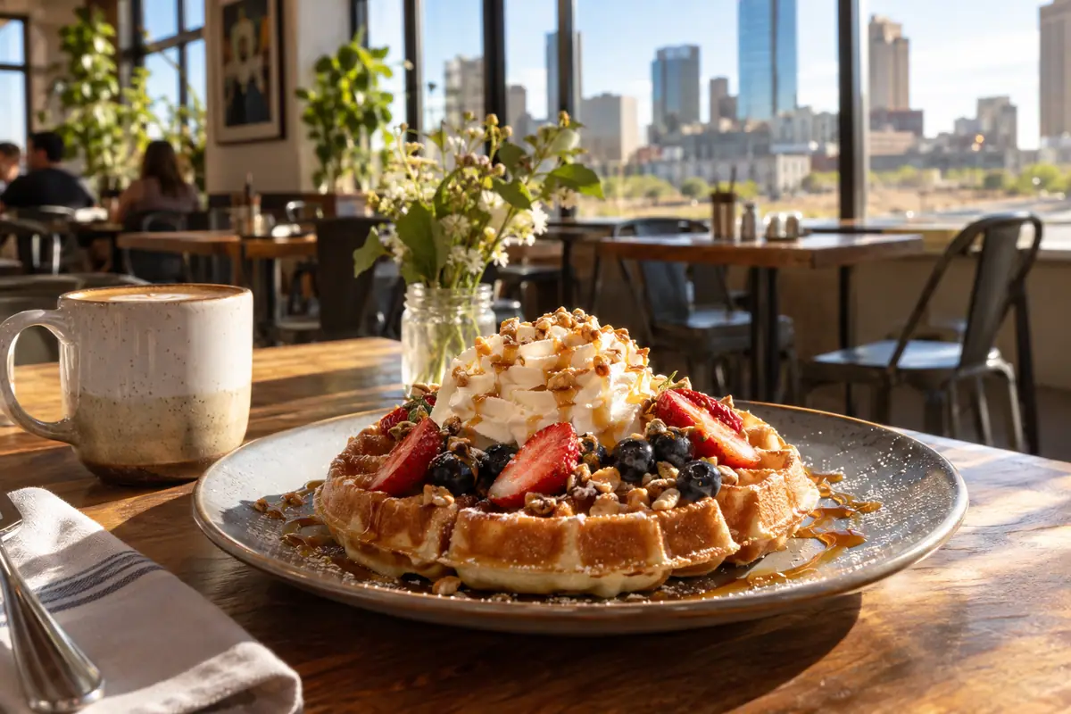 Photoreal travel-editorial view of Waffle Champion in Oklahoma City, Oklahoma