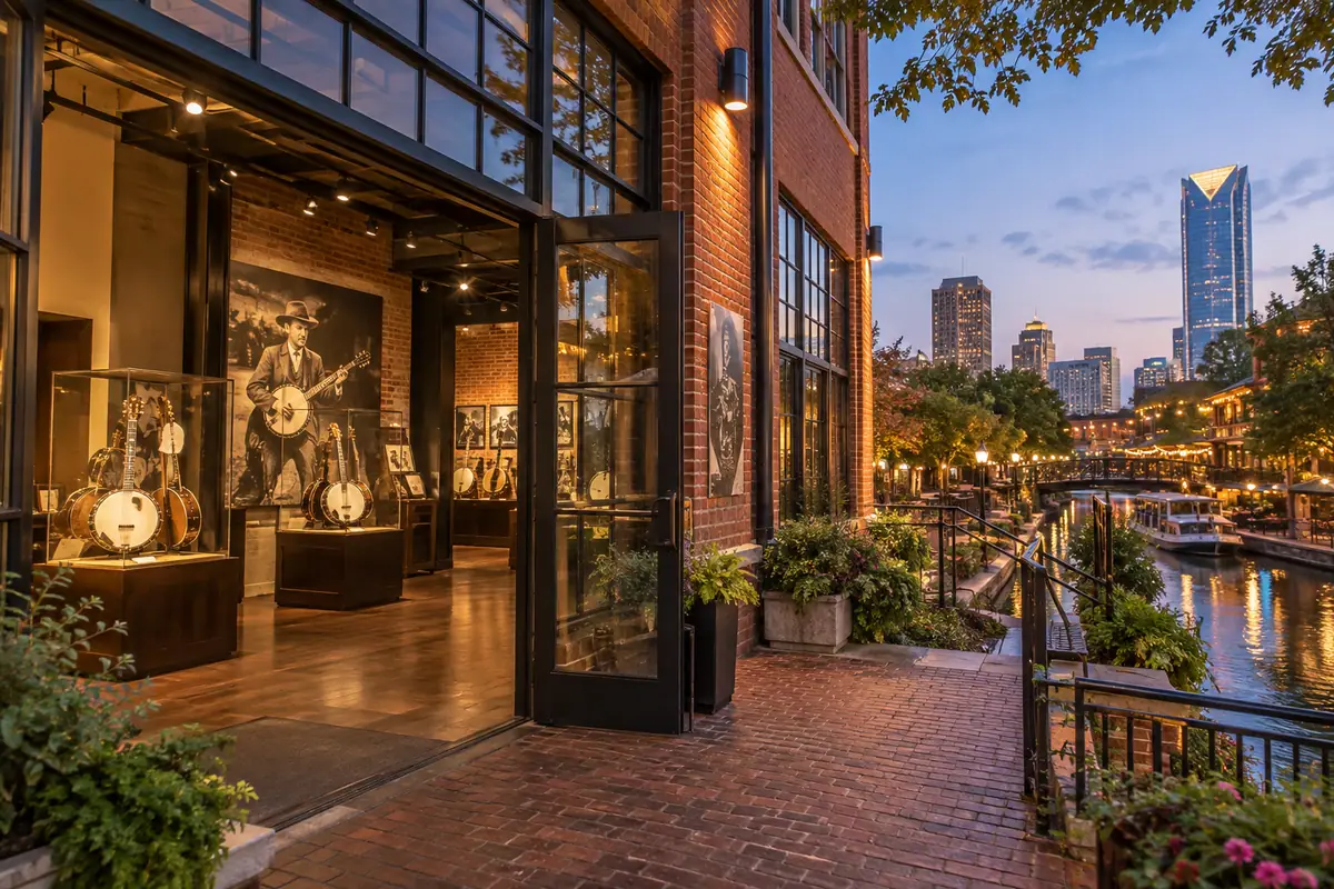 Photoreal travel-editorial view of American Banjo Museum in Oklahoma City, Oklahoma