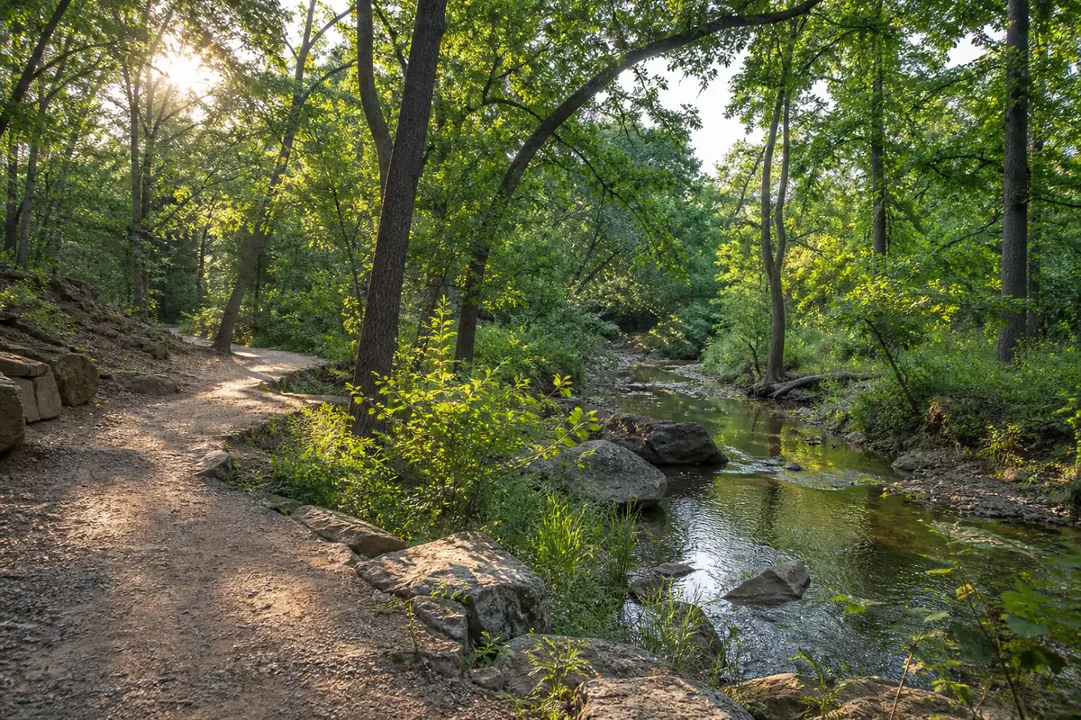 Photoreal travel-editorial view of Martin Park Nature Center in Oklahoma City, Oklahoma