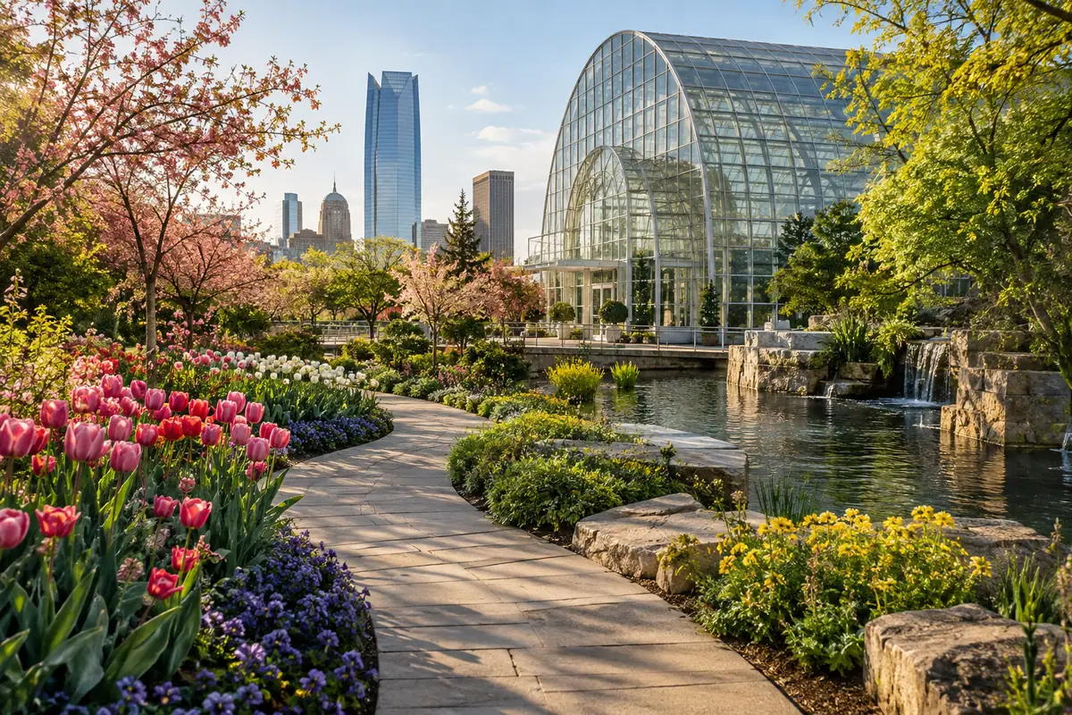 Photoreal travel-editorial view of Myriad Botanical Gardens in Oklahoma City, Oklahoma
