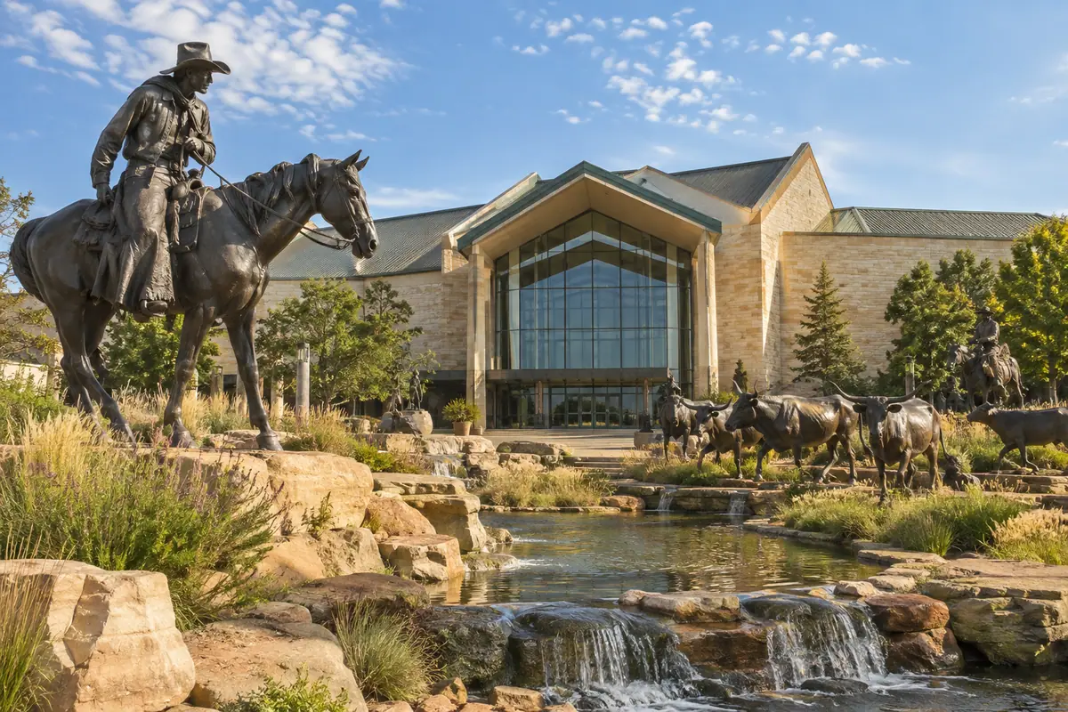 Photoreal travel-editorial view of National Cowboy & Western Heritage Museum in Oklahoma City, Oklahoma