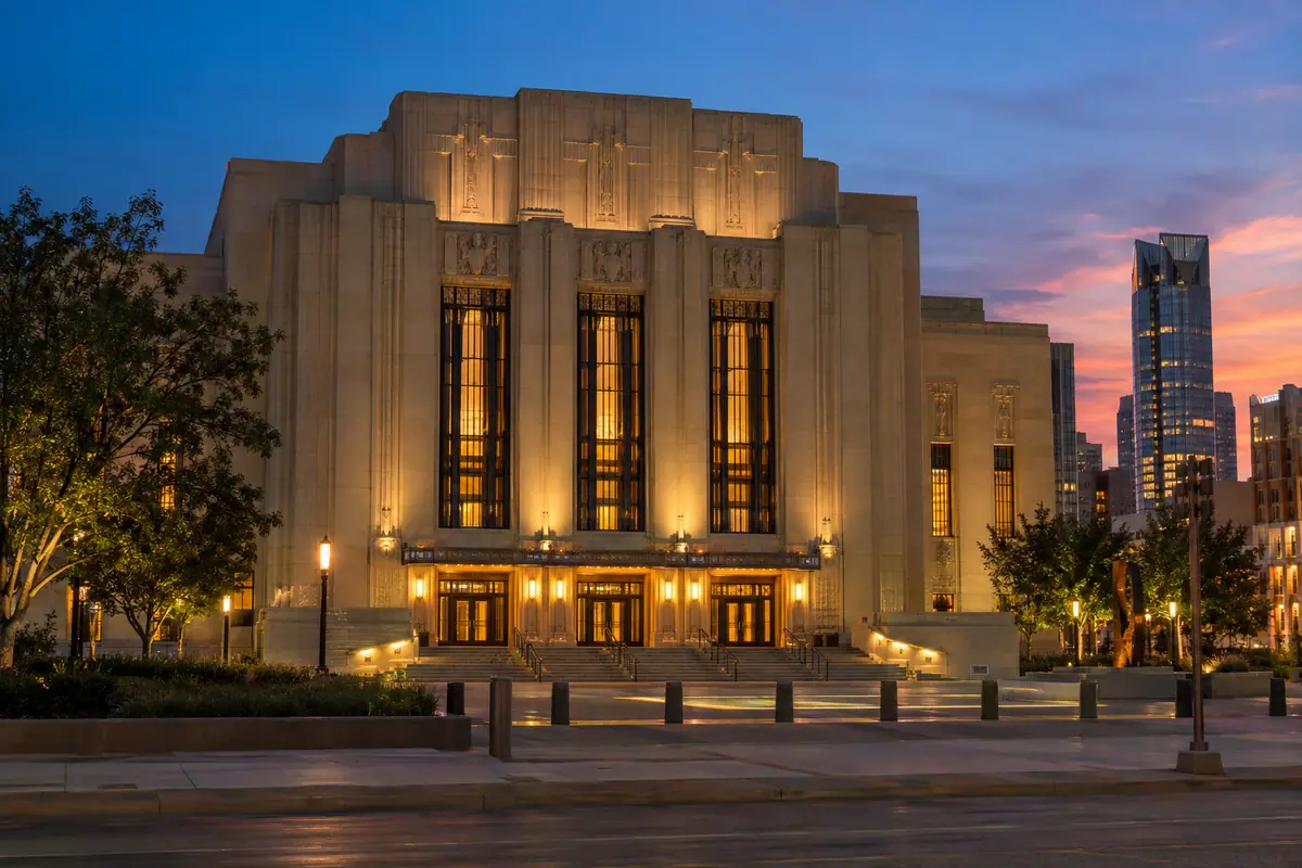 Photoreal travel-editorial view of Oklahoma City Philharmonic at Civic Center Music Hall in Oklahoma City, Oklahoma