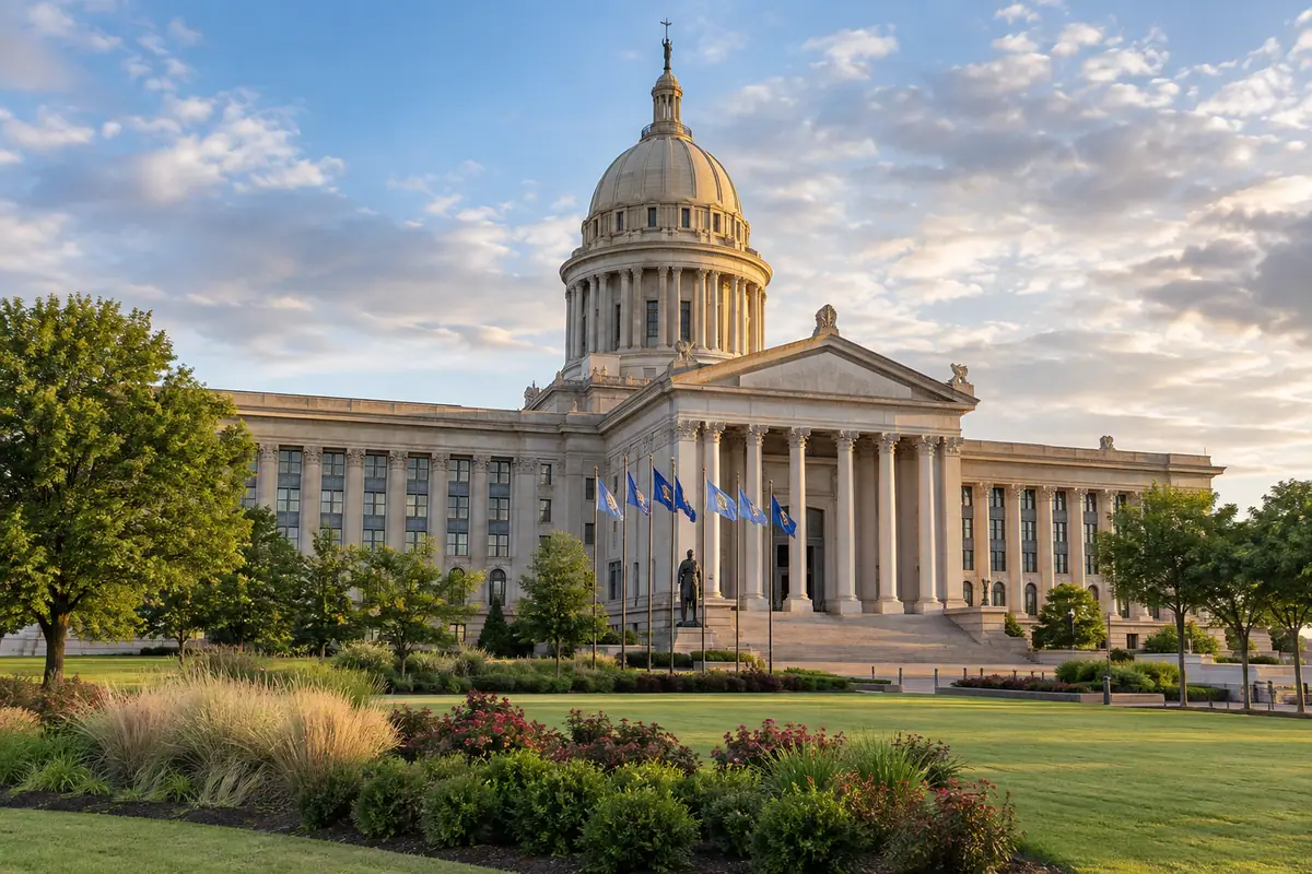 Photoreal travel-editorial view of Oklahoma State Capitol in Oklahoma City, Oklahoma