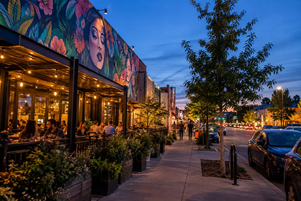Photoreal travel-editorial view of Plaza District in Oklahoma City, Oklahoma