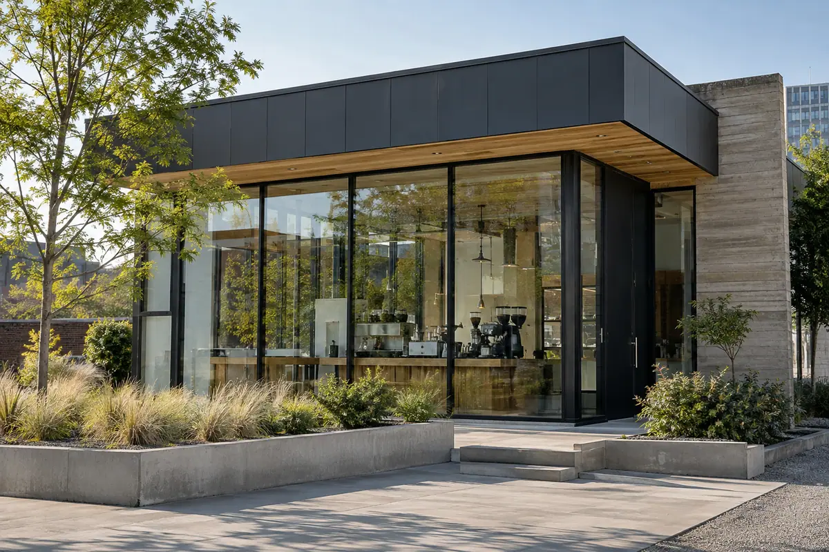 Photoreal travel-editorial view of Archetype Coffee in Omaha, Nebraska