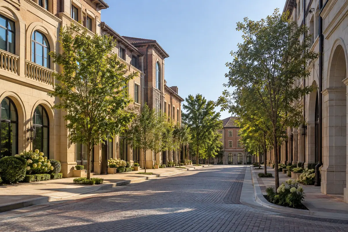 Photoreal travel-editorial view of Via Farina in Omaha, Nebraska