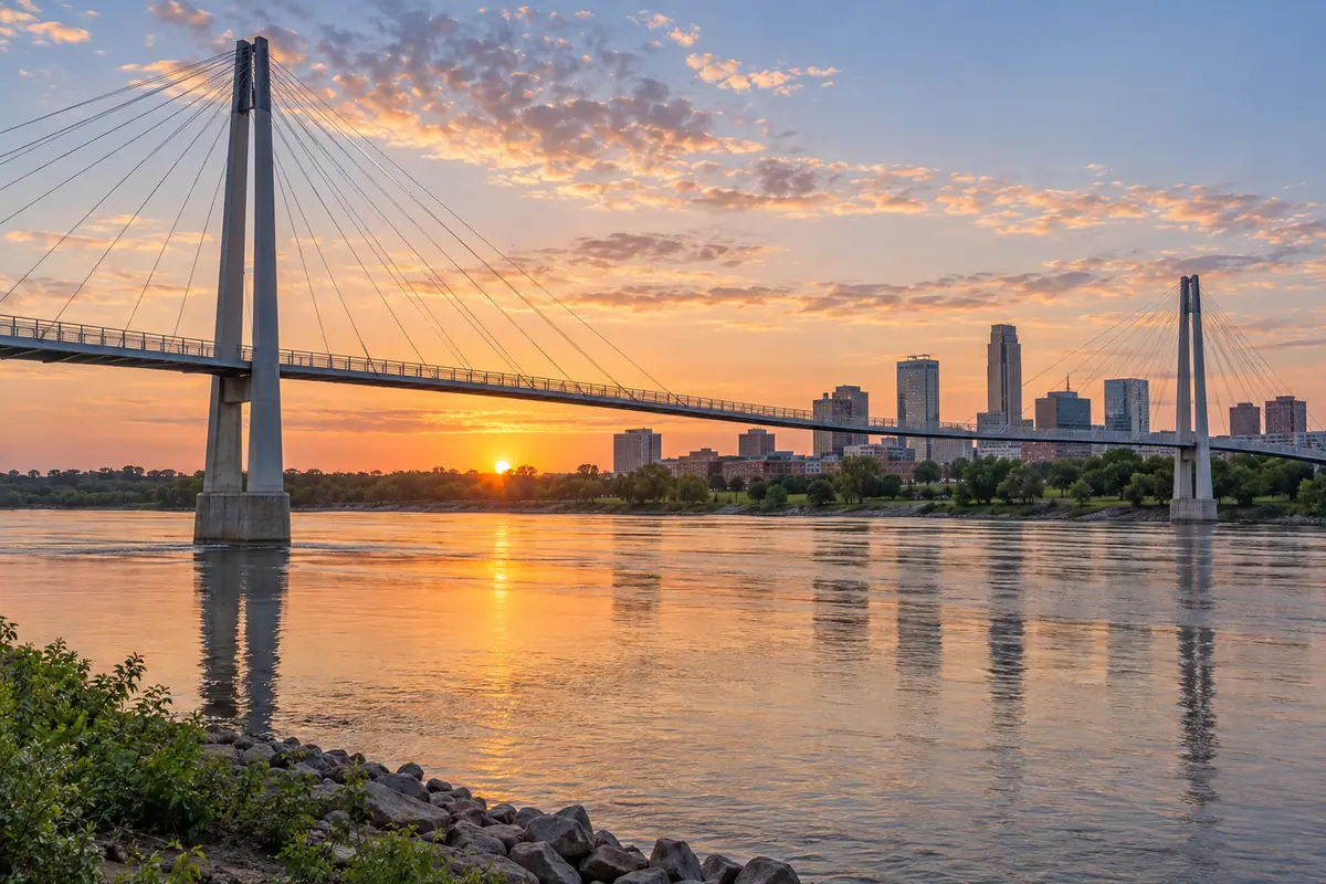 Photoreal travel-editorial view of Bob Kerrey Pedestrian Bridge in Omaha, Nebraska