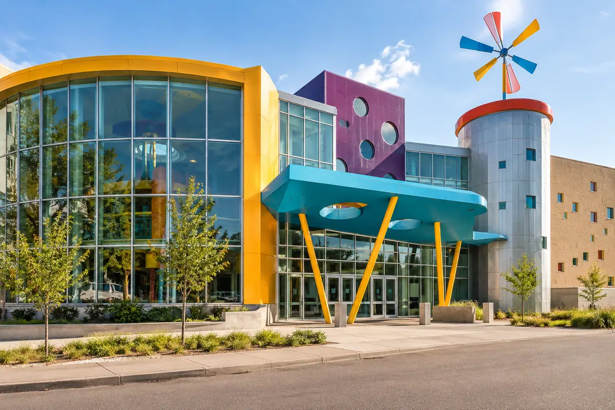 Photoreal travel-editorial view of Omaha Children's Museum in Omaha, Nebraska