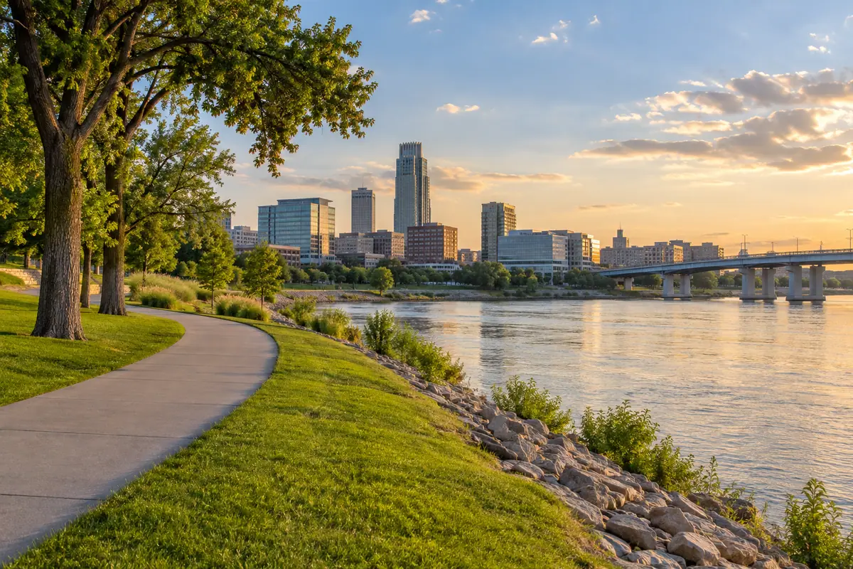 Photoreal travel-editorial view of Omaha's RiverFront in Omaha, Nebraska