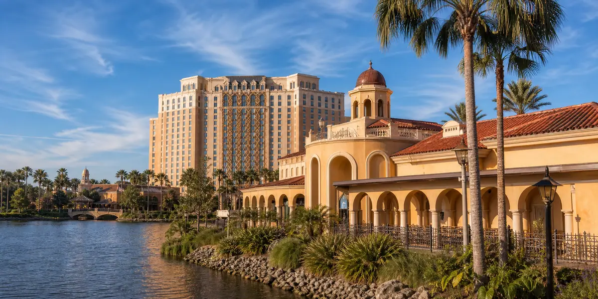Photoreal lakeside resort exterior with Southwestern styling representing Disney's Coronado Springs Resort