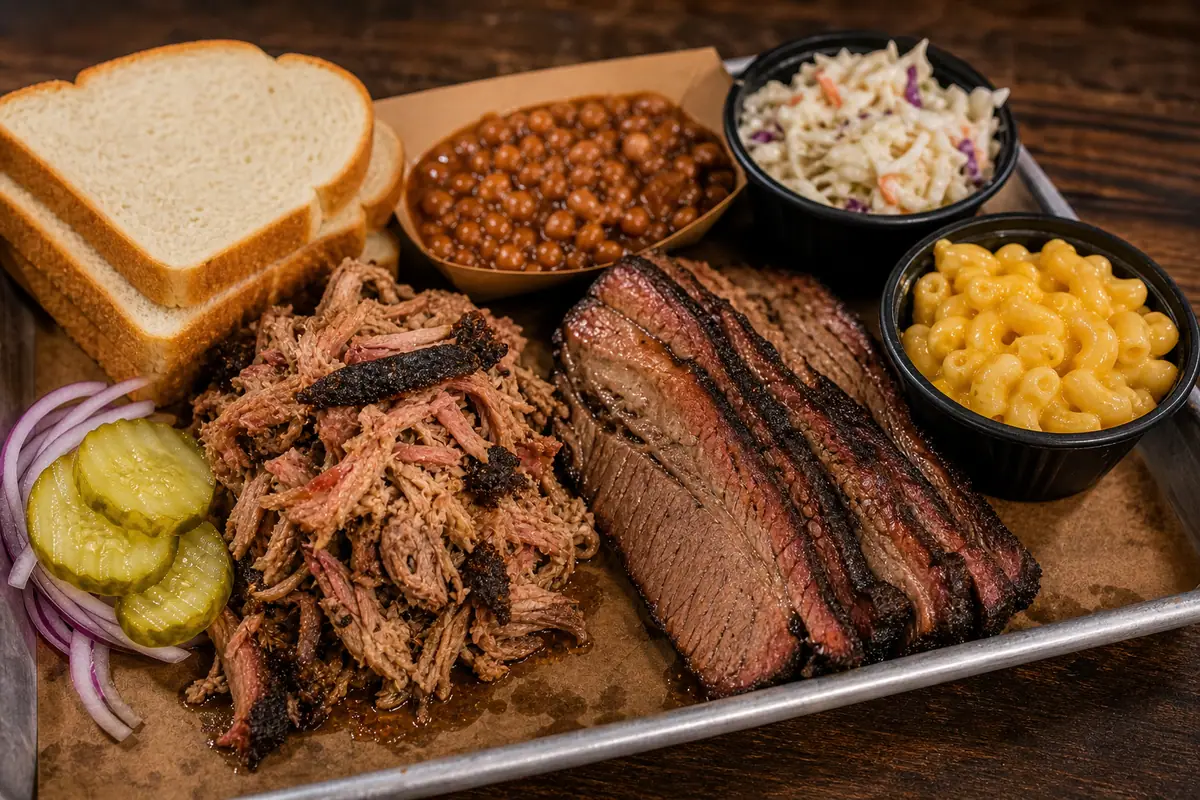 Photoreal smoked barbecue tray representing 4 Rivers Smokehouse