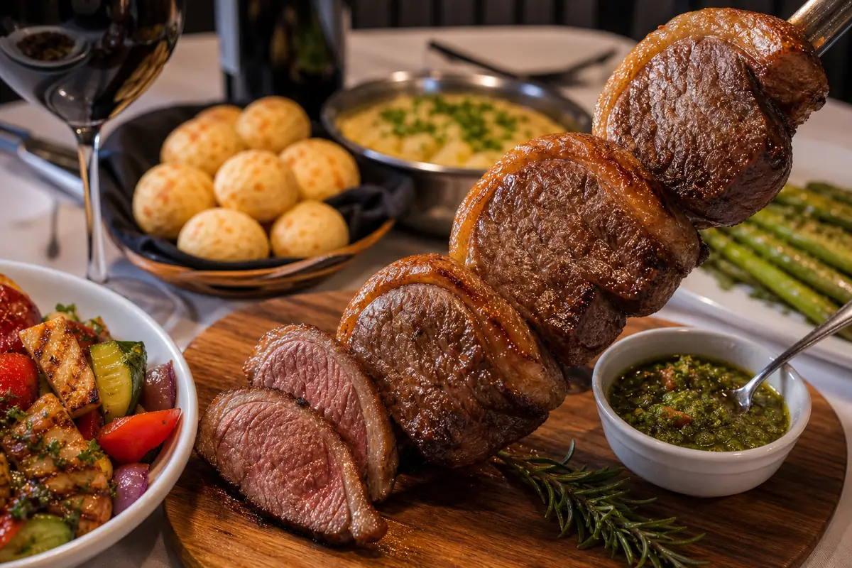 Photoreal Brazilian steakhouse spread representing Adega Gaucha